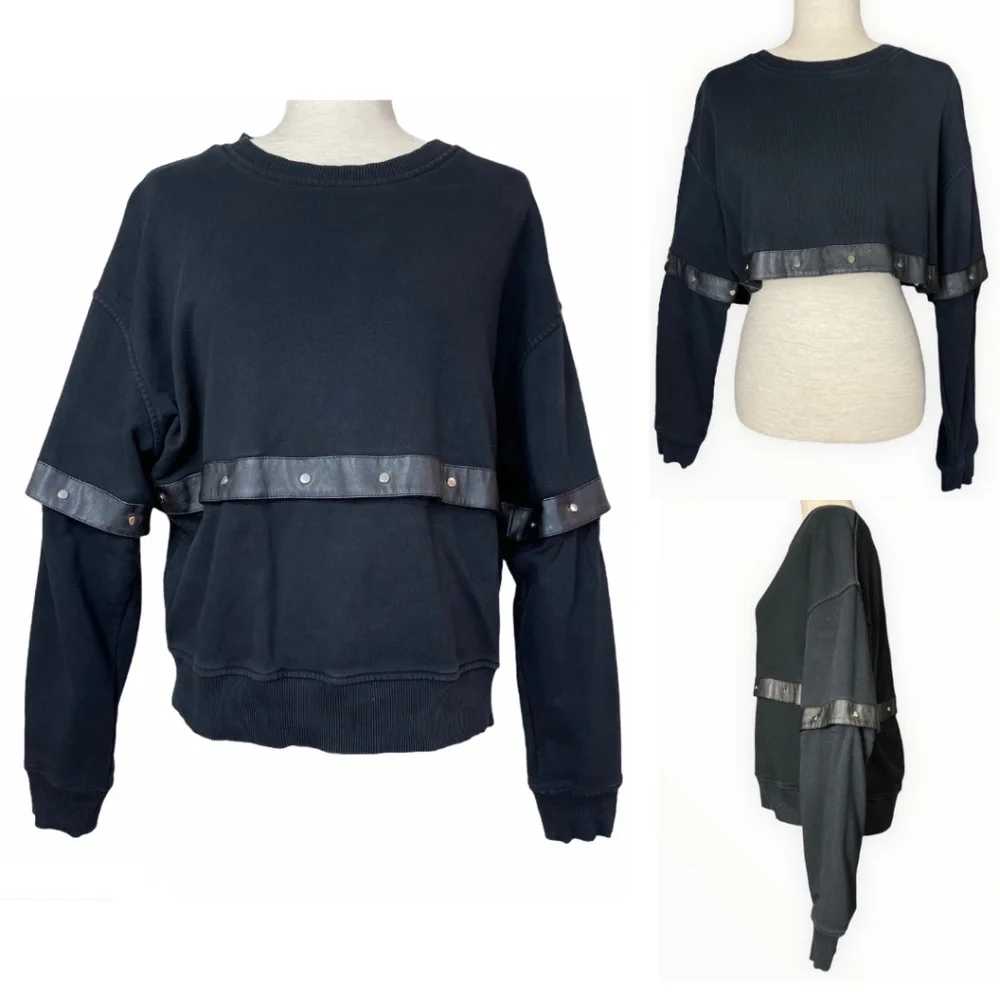 Diesel Convertible Black Sweatshirt with Faux Leather Trim and Silver Snaps - Picture 1 of 12